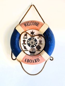 Decorative lifebuoy with nautical theme and 'Welcome Aboard' text for maritime decor.